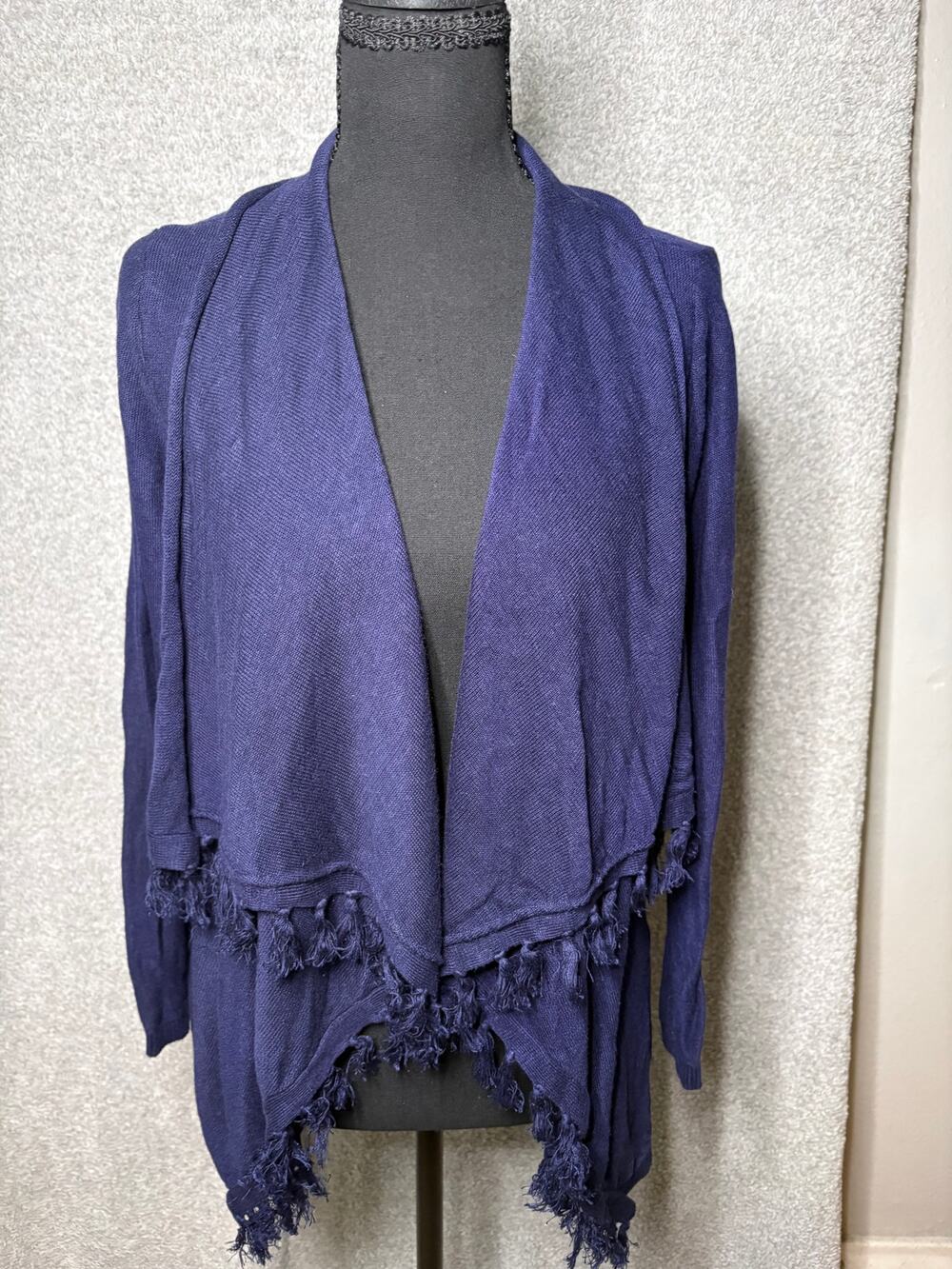Duffield Lane Linen Fringe Waterfall Boho Cardigan Navy S